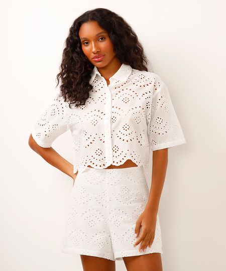 camisa de laise manga curta off white P