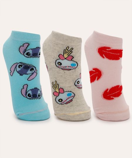 kit de 3 meias cano baixo stitch colorida 34-39 kit de 3 meias cano baixo stitch colorida 34-39
