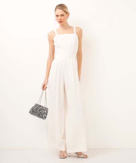 macacão decote quadrado texturizado off white PP macacão decote quadrado texturizado off white PP