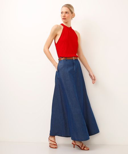 saia longa evasê jeans com cinto azul 34 saia longa evasê jeans com cinto azul 34