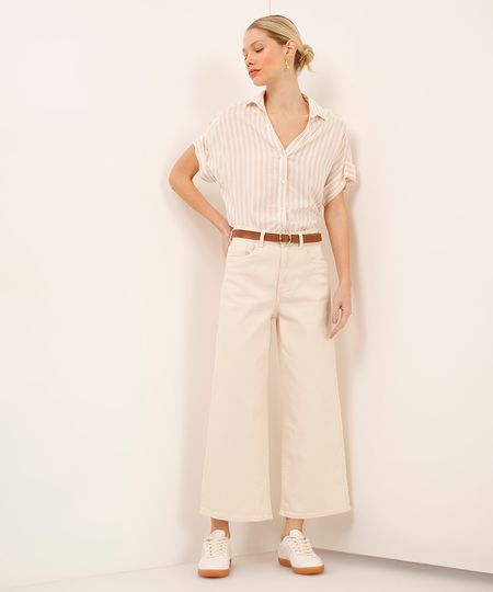 calça wide leg cropped de sarja com cinto off white 46