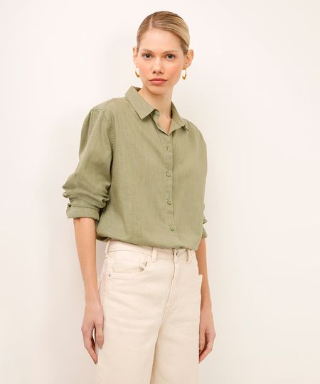 camisa de algodão manga longa verde PP