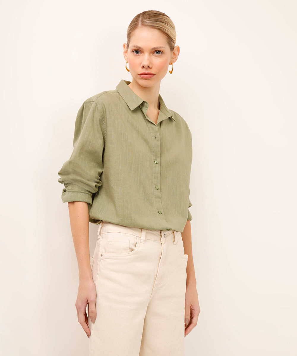 camisa de algodão manga longa verde