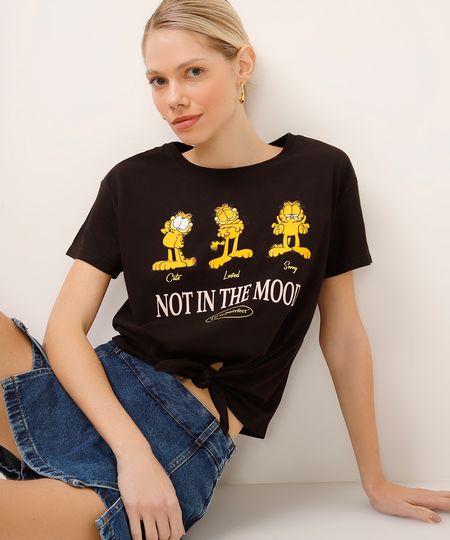 cropped de algodão garfield com amarração preto P cropped de algodão garfield com amarração preto P