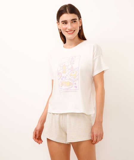 pijama short doll de algodão estampado off white PP