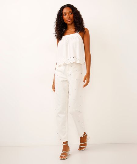 calça mom de sarja com brilhos off white 38