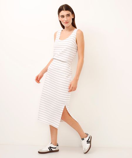 saia midi com fenda listrada bege G saia midi com fenda listrada bege G