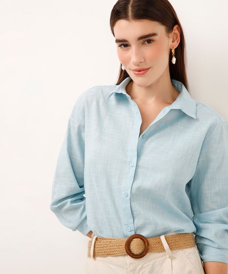 camisa de algodão manga longa azul PP