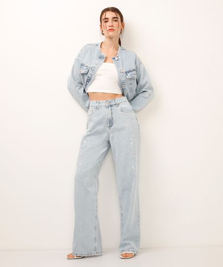 calça wide leg jeans com bordado floral azul 36