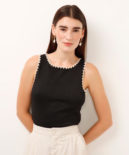 cropped de tricot com bordado preta P