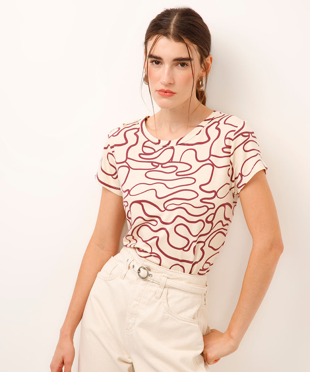 blusa de viscose abstrata manga curta bege