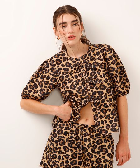blusa manga bufante animal print bege P blusa manga bufante animal print bege P
