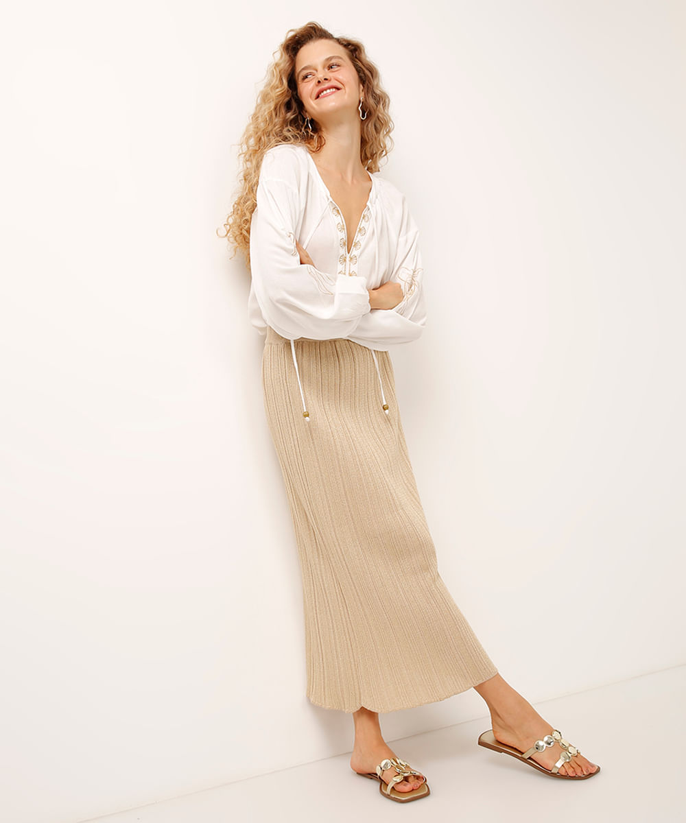 saia midi de tricot canelado com lurex dourada