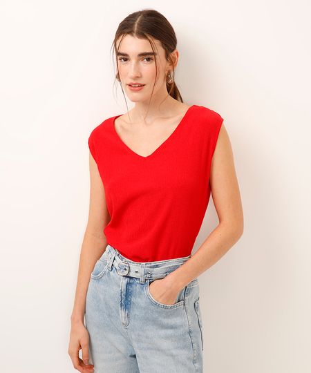 regata decote v texturizada vermelha M regata decote v texturizada vermelha M