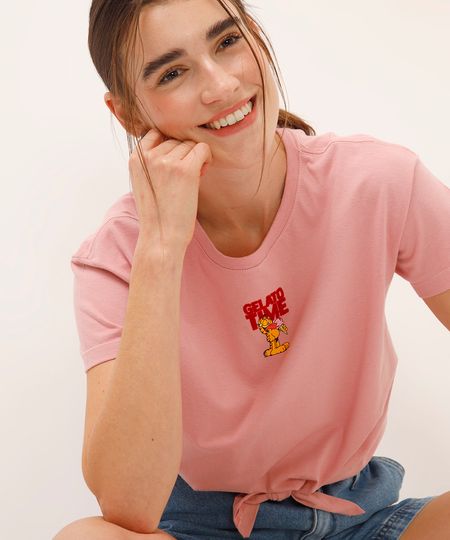 cropped de algodão garfield com amarração rosa GG cropped de algodão garfield com amarração rosa GG