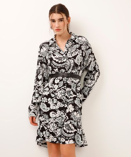 vestido chemise com cinto floral preto G