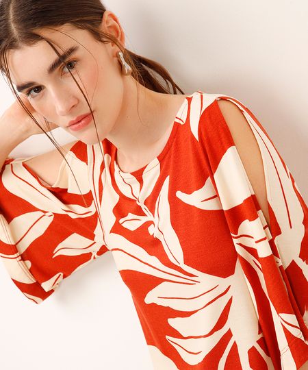 blusa de viscose com recorte folhagem laranja P blusa de viscose com recorte folhagem laranja P