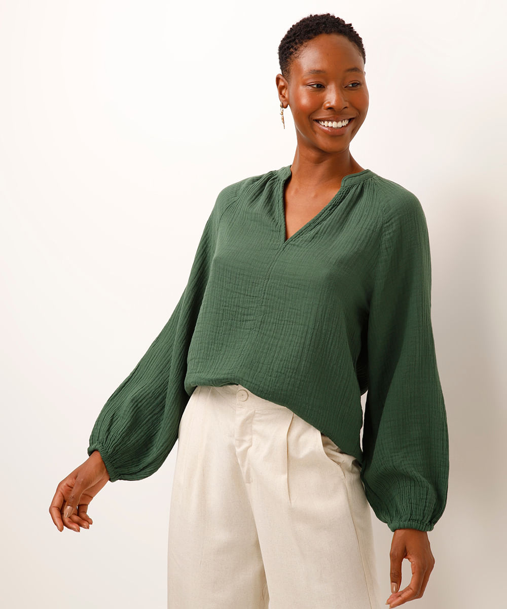 bata de algodão decote v manga longa verde