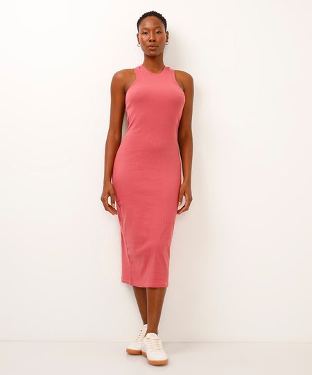vestido básico midi decote halter neck rosa P
