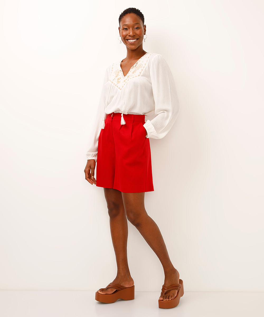 bermuda com linho cintura alta vermelha