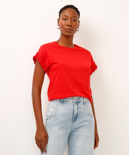 camiseta de algodão manga curta com fru fru vermelha PP camiseta de algodão manga curta com fru fru vermelha PP