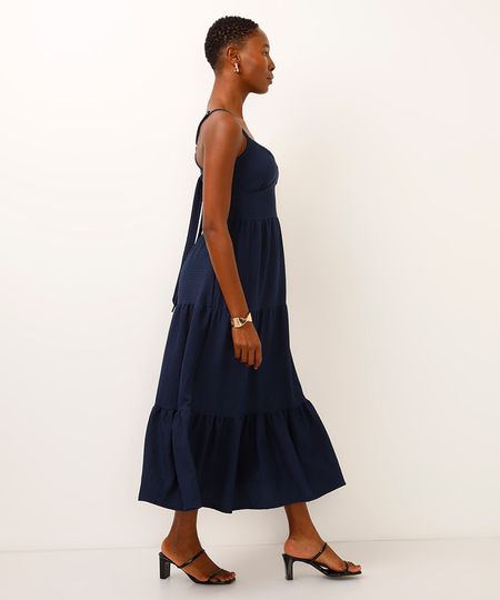 vestido midi com recorte texturizado azul P