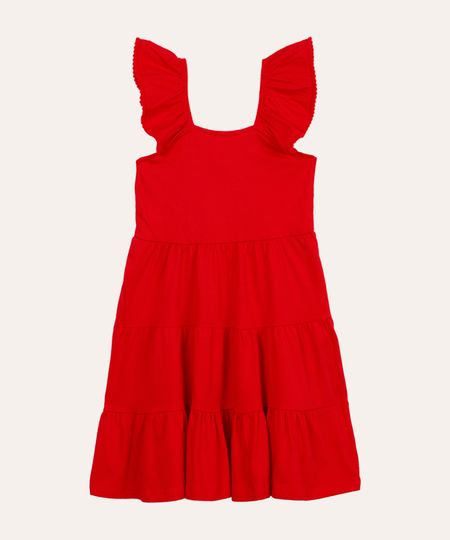 vestido infantil de algodão alça com babado - vermelho 4