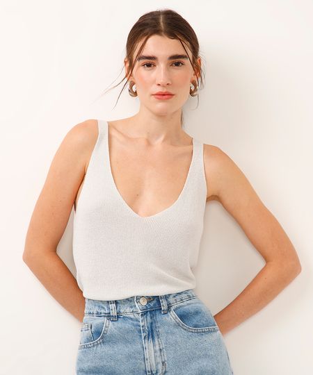 blusa em tricot lurex decote v alça fina prateada PP