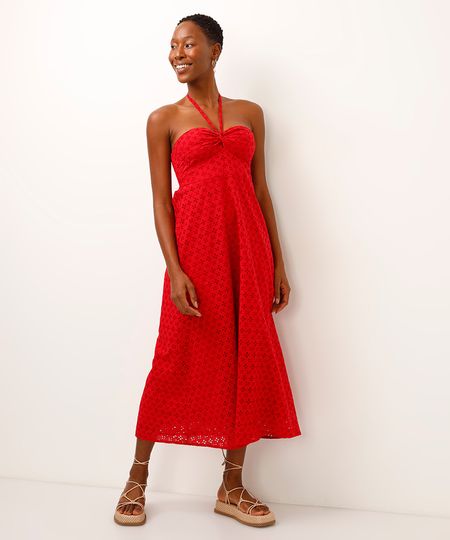 vestido midi de laise decote coração vermelho G