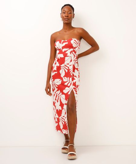 vestido midi sem alça com linho folhagem vermelho PP