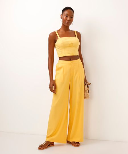 calça wide leg com linho e pregas amarela 34