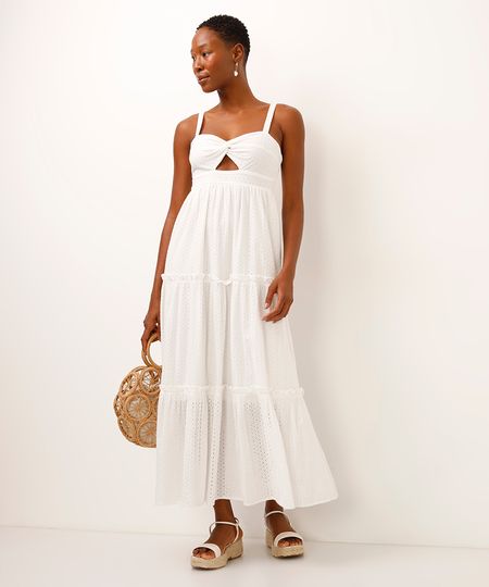 vestido midi de laise com recorte off white G