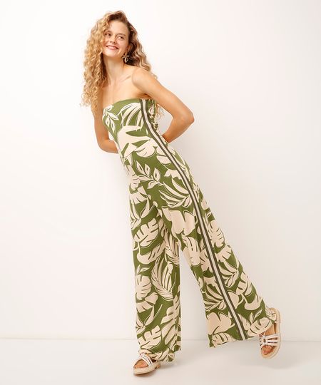 macacão sem alça de viscose folhagem verde GG
