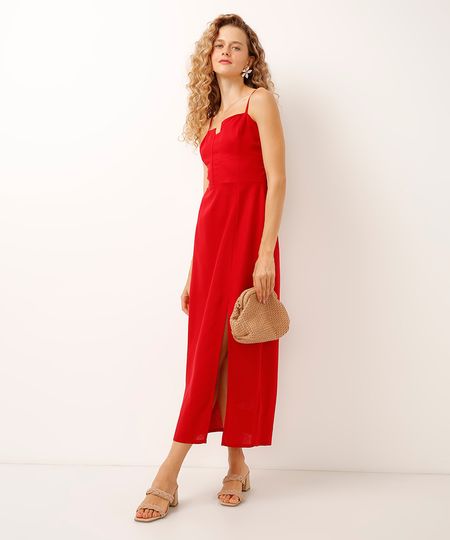vestido midi com linho e fenda vermelho G