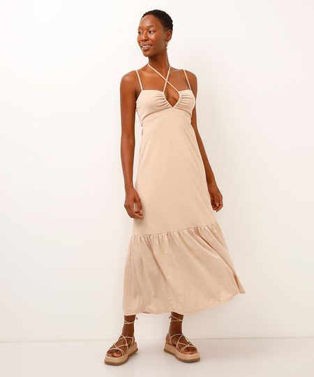 vestido midi alça fina com lurex dourado GG