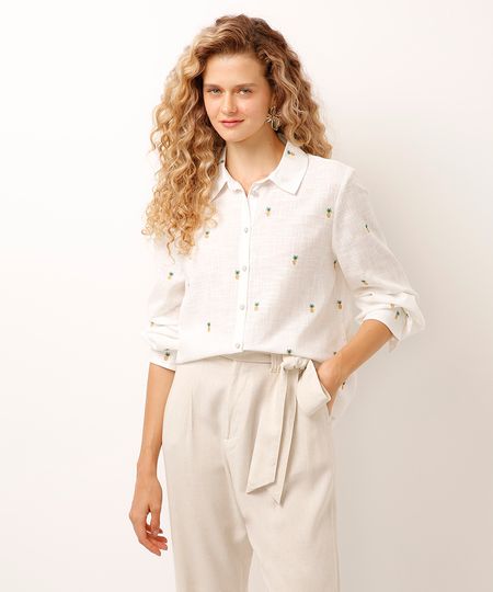 camisa de algodão bordada abacaxis off white PP