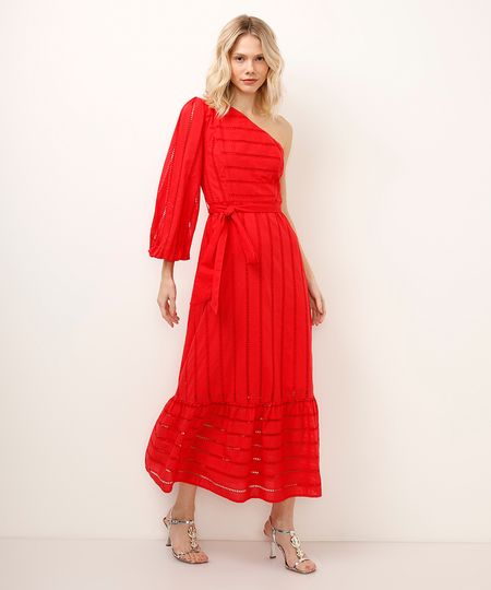 vestido midi ombro único de laise vermelho PP