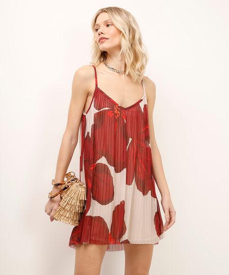 vestido curto de tule plissado floral vermelho PP