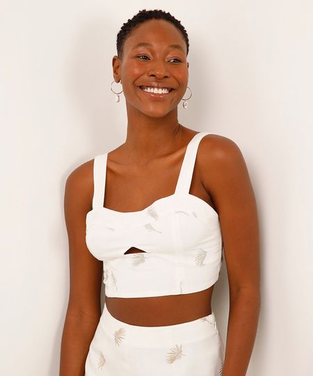 cropped com linho bordado folhagens off white PP cropped com linho bordado folhagens off white PP