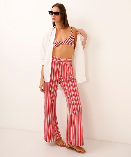 calça wide leg de sarja listrada vermelha 38