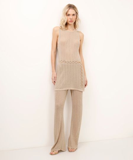 calça reta de tricot com lurex dourada PP