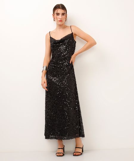 vestido midi franzido de paetê preto M vestido midi franzido de paetê preto M