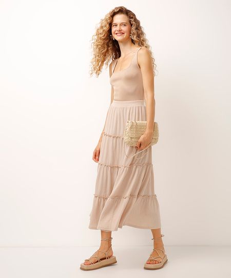 saia midi texturizada com frufru bege PP saia midi texturizada com frufru bege PP