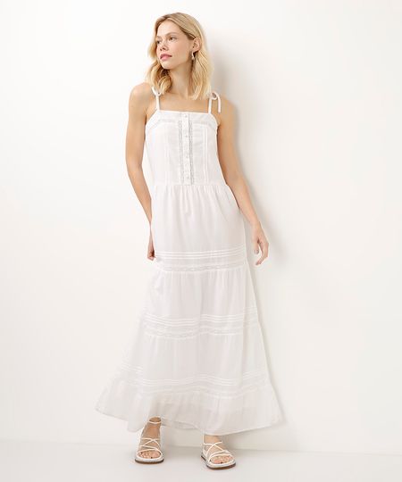 vestido de algodão alça fina com renda off white PP