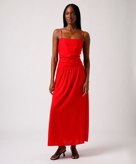 vestido longo franzido com linho mindset vermelho PP vestido longo franzido com linho mindset vermelho PP