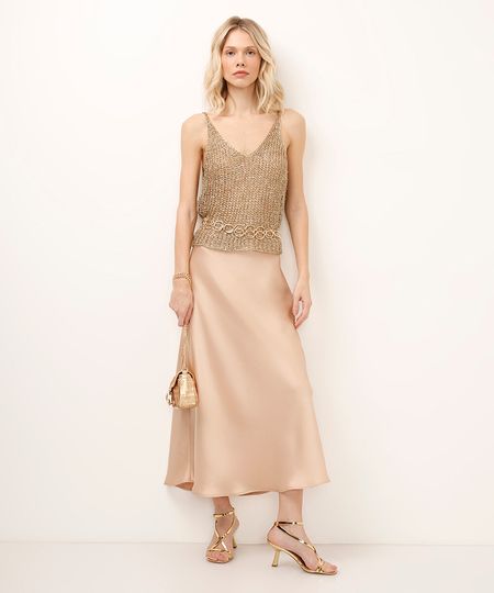 saia midi evasê acetinada bege M saia midi evasê acetinada bege M