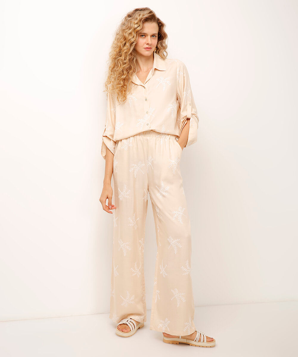 calça de viscose bordada folhagens bege