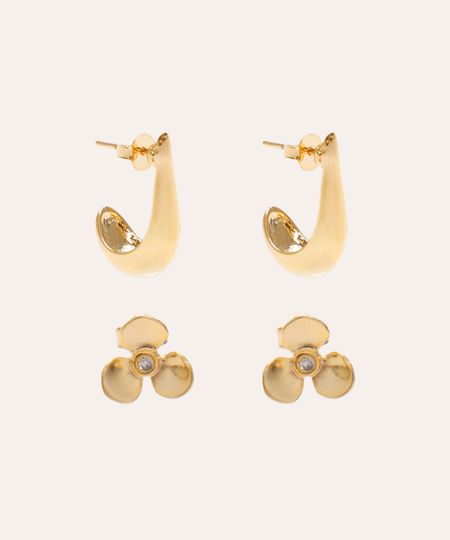 kit de brincos minimalista floral dourado UNICO