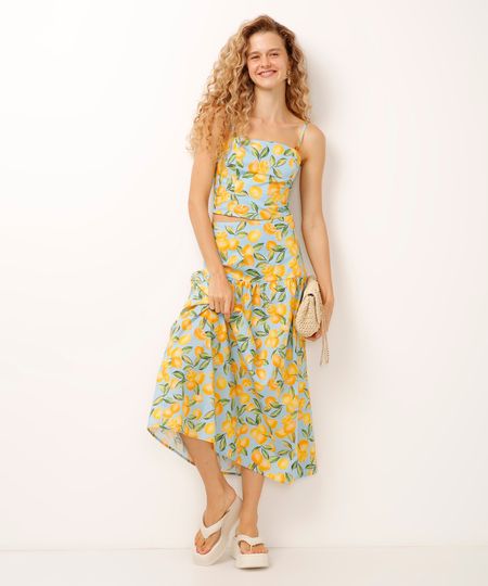 saia midi de algodão estampada limões azul 38