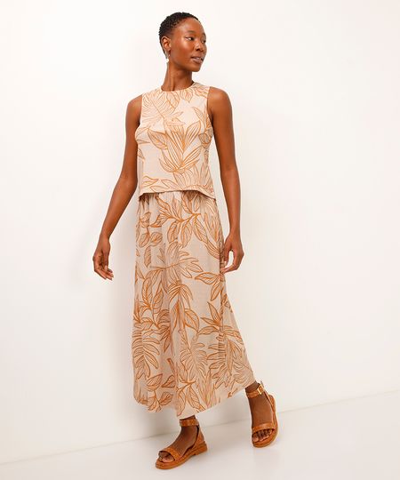 saia longa texturizada folhagens bege GG saia longa texturizada folhagens bege GG